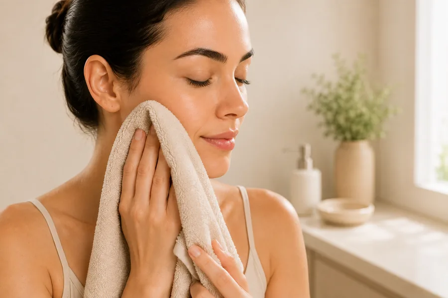 Patting the face dry with a soft towel after dermaplaning