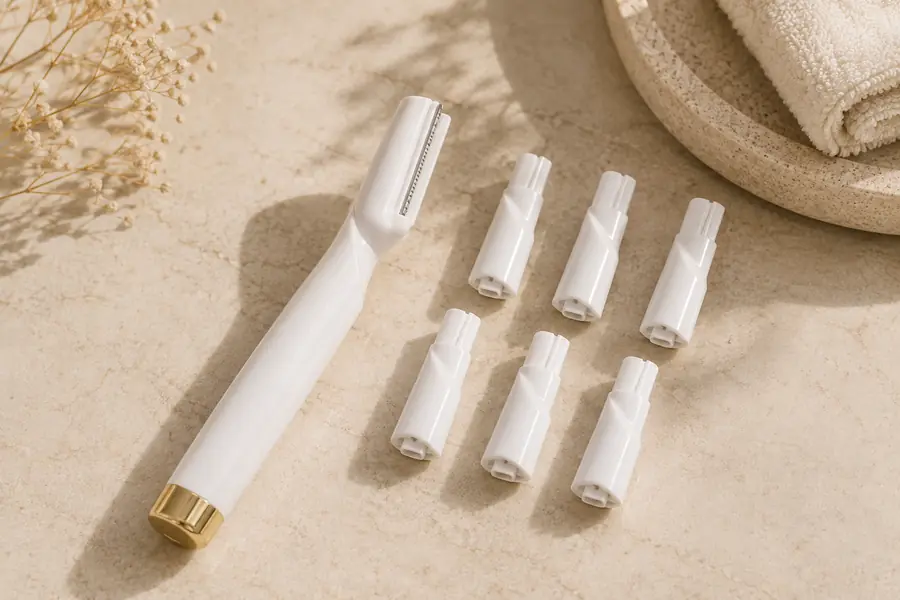 Peachly electric dermaplane tool beside its replacement heads