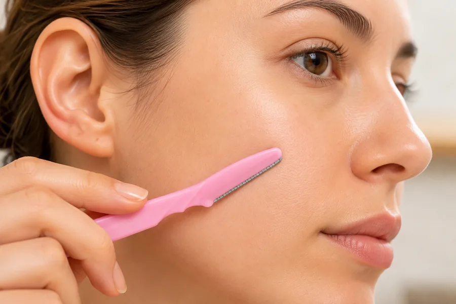 Peachly dermaplane razor gliding along the cheek on clean, dry skin