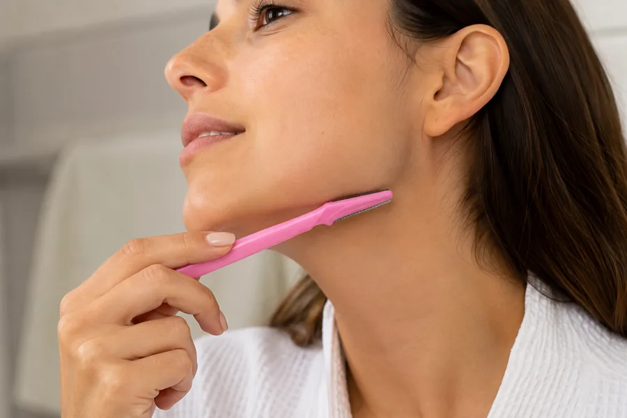 Peachly facial razor following the jawline on clean dry skin