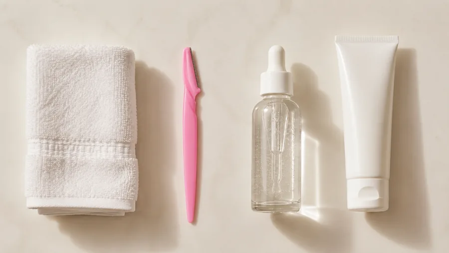 A Peachly razor beside a towel and skincare bottles
