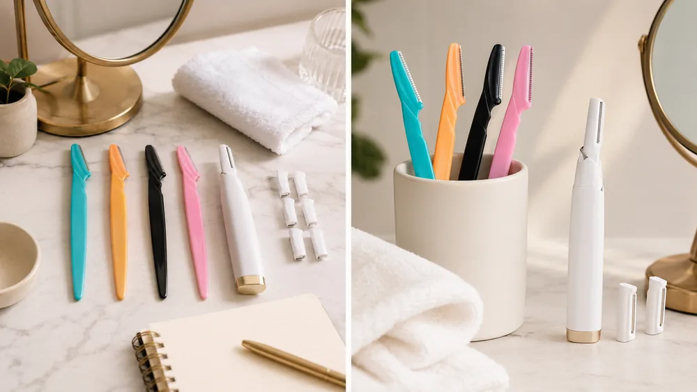 The Peachly range laid out: manual razors in four colors and the electric tool