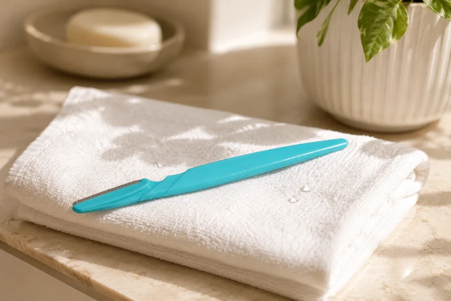 A Peachly razor resting on a folded white towel after testing