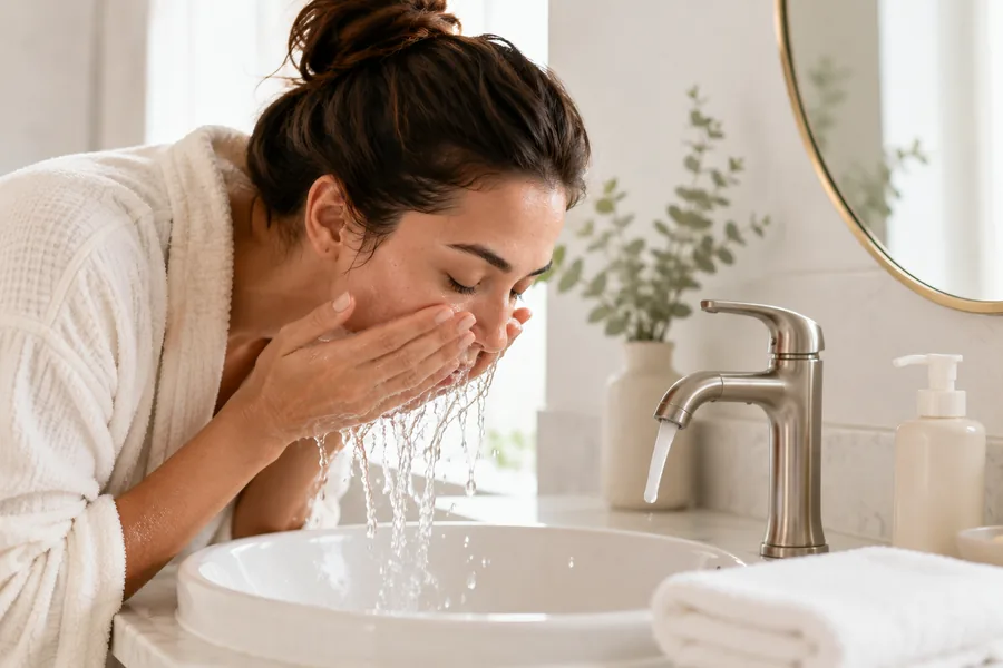 Rinsing the face with water before a dermaplaning session