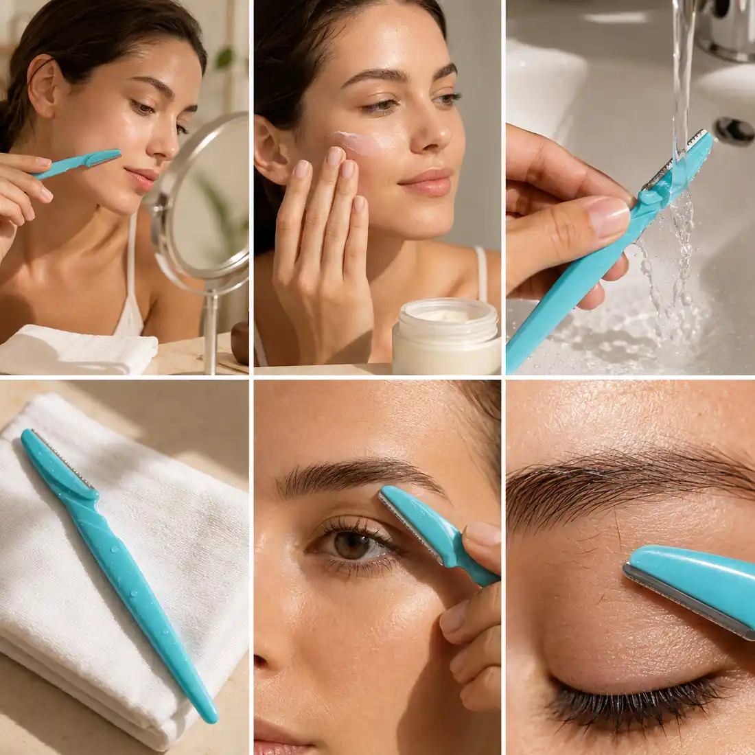 Six steps of an at-home dermaplaning routine, from prep to aftercare